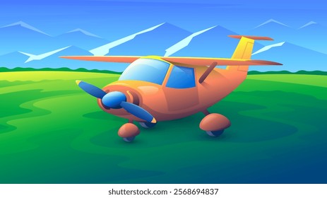 Cartoon private jet with propeller standing on ground scene.