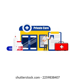 Cartoon of private medical care services on isolated background.