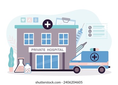 Cartoon of private medical care services on isolated background. Hospital building and ambulance truck. Healthcare and medical support. flat vector illustration