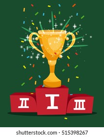 Cartoon prize golden cup on sports championship podium vector illustration