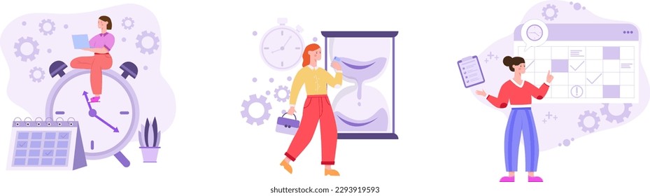 Las empresarias productivas de dibujos animados organizan el tiempo. Programación efectiva del trabajo, concepto multitarea con reloj, calendario y horarios. Productividad de Office, flujo de trabajo. Conjunto de ilustraciones de vectores