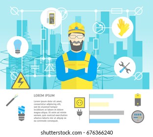 Cartoon Professional Electrician Worker Man and Electric Service Card Engineering Repair Help Concept. Vector illustration