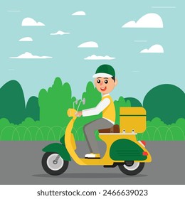 Cartoon professional express courier delivering orders on scooter