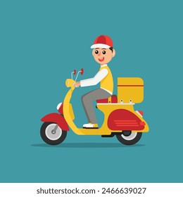 Cartoon professional express courier delivering orders on scooter