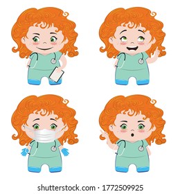 Cartoon professional female medical staff in scrubs set.