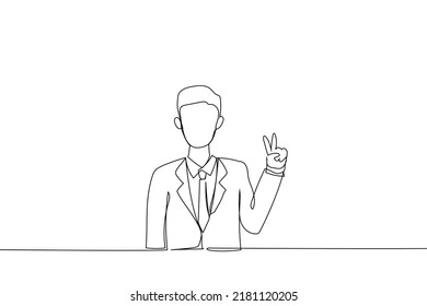 Cartoon of professional gesturing peace showing victory signs with both hands. Continuous line art style
