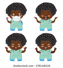 Cartoon professional male medical staff in scrubs with equipment.