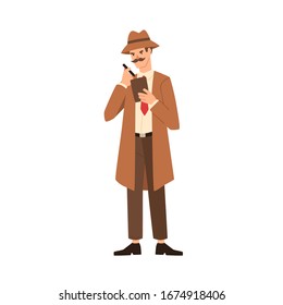 Cartoon professional man detective with mustache making notes vector flat illustration. Secret man agent in coat holding sketchpad writing notice isolated on white. Inspector with notebook