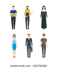 Cartoon Professional People Characters Icon Set Include of Police, Businessman, Courier, Exterminator and Nun Flat Design Style. Vector illustration