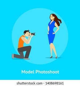 Cartoon Professional Photographer and Fashion Model in Studio with Photographic Equipment Concept Card Element Flat Design Style. Vector illustration