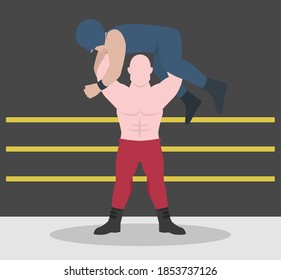 Cartoon A professional wrestler in red costume lifting his opponents in blue costume on the ring. Illustrator