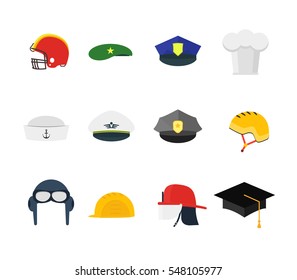 Cartoon Professions Hats Set for Men. Flat Design Style Vector illustration