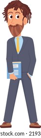 Cartoon professor character. Bearded smart man with book