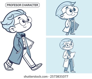 A cartoon professor character is shown in three different poses. The character is wearing a lab coat and glasses