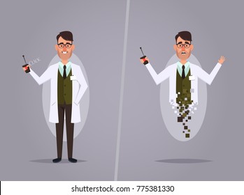 Cartoon Professor Experimenting with Teleportation. Vector Illustration
