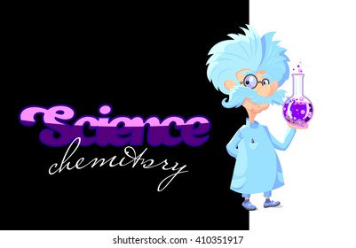 Cartoon Professor with glass tube of color sparkling liquid