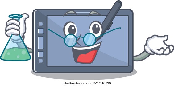 Cartoon professor graphic tablet character holding a test tube