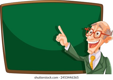 Karikaturprofessor, der auf eine leere Tafel zeigt