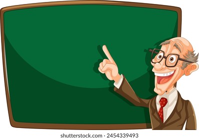 Profesor de dibujos animados señalando un pizarrón vacío
