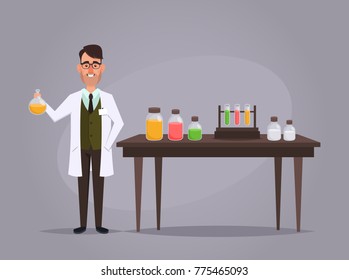 Cartoon Professor Standing in the Laboratory. Vector Illustration