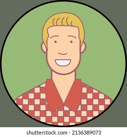 Cartoon profile picture of american blonde man with square pattern shirt. Employee of restaurent illustration. Flat vector design