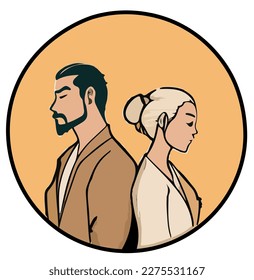 Cartoon profile of a woman and a man standing back to back. Vector illustration