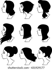 Cartoon Profiles - Women Silhouettes - Vector Illustration