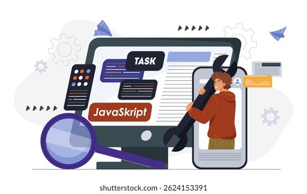 Cartoon programmer holding wrench near monitor with JavaScript code, UI elements, magnifier and gears on white background. Concept of coding task. Vector illustration