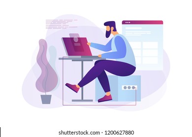 Cartoon programmer at work. Web developer working on laptop in the office. Programming concept. The process of creating web pages. Vector flat illustration.