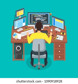 Cartoon Programmer Writes Code Workspace Concept Man At The Table A Blue Background Flat Design Style. Vector Illustration Of Working Space