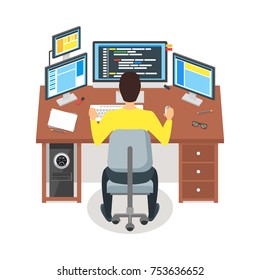 Cartoon Programmer Writes Code Workspace Concept Man at the Table Flat Design Style. Vector illustration of Working Space