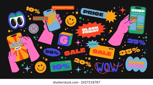 Cartoon promotion stickers of Black Friday discounts in retro 90s style. Bright discount advertising badges, promotional labels, tags, patches with favorable price, discount banner. Vector groovy set