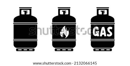 Cartoon propane gas cylinder icon or logo. Vector gas cannister symbol. LPG tank or container. Propane, methane bottles. Fuel storage bottle. For holiday, camper, caravan, camping, tent. Gas cooking. Foto stock © 