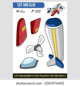 Cartoon propeller plane cut and glue activity for kids educational worksheet