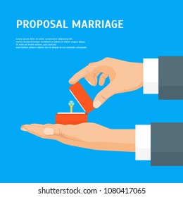 Cartoon Proposal Marriage Concept Human Hands Holding Ring Card Poster Love and Wedding Element Flat Design Style. Vector illustration