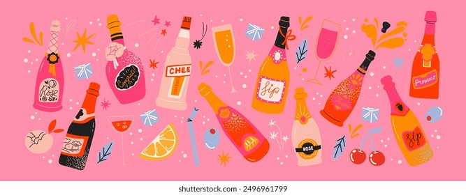 Cartoon prosecco cocktails in glass jars and glasses, a set of alcoholic drinks. Retro cans of refreshing drinks with ice for party. cocktail ingredients. trending doodle stickers