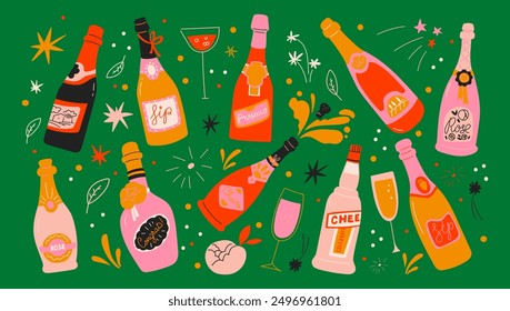 Cartoon prosecco cocktails in glass jars and glasses, a set of alcoholic drinks. Retro cans of refreshing drinks with ice for party. cocktail ingredients. trending doodle stickers