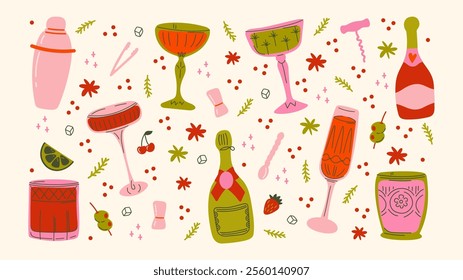 Cartoon prosecco cocktails in glass jars and glasses, a set of alcoholic drinks. Retro cans of refreshing drinks with ice for party. cocktail ingredients. trending doodle stickers