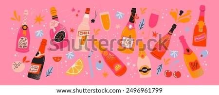 Cartoon prosecco cocktails in glass jars and glasses, a set of alcoholic drinks. Retro cans of refreshing drinks with ice for party. cocktail ingredients. trending doodle stickers