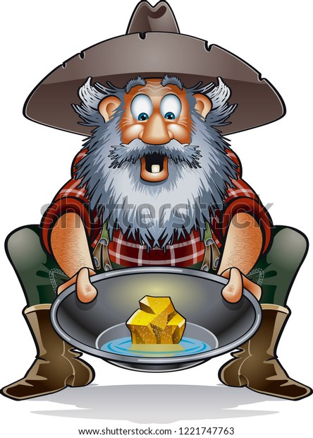 cartoon prospector with\
gold in a pan