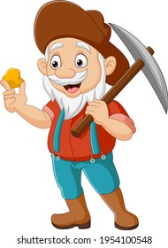 Cartoon Prospector Holding Gold Nugget And Pickaxe