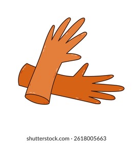 Cartoon protective rubber gloves with outline for safe cleansing of apartment and using detergent agents. Hand drawn orange latex gloves to protect hands during household isolated on white background