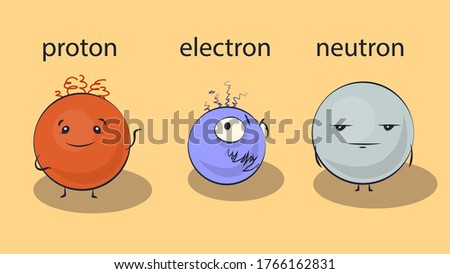 Cartoon proton, electron and neutron, vector illustration