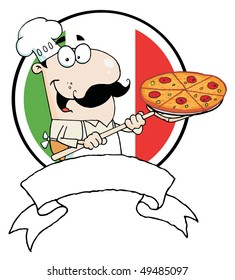 Cartoon Proud Chef Inserting A Pepperoni Pizza In Front Of Flag Of Italy