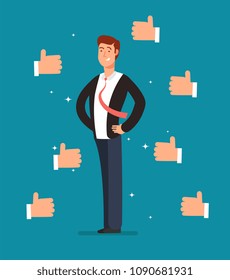 Cartoon proud employee with many thumbs up hands of businessmen. Business recognition vector concept. Illustration of leader character, compliment and achievement, like and accomplishment