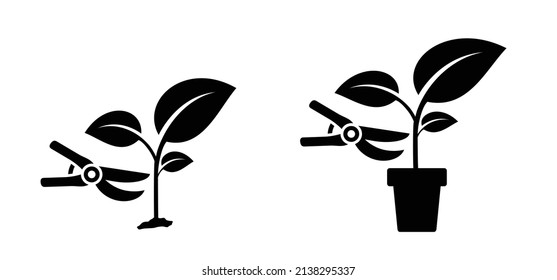 Cartoon pruning shears. Prune, tripe, snip, cut or trim logo. Vector icon or pictogram. Garden shear tools. Spring flowers. House potted plants. Leaf, growing. Flowerpot or houseplant. Hand pruners