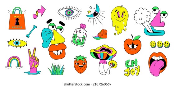 Cartoon psychedelic hippy stickers vector set. Hallucination elements,  mushrooms, eyes, face, heart, lips emoji, bones, smoking mouth and victory hand. Crazy psychedelic and hallucination elements.