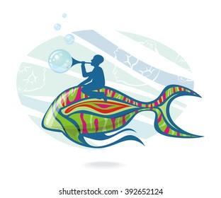 Cartoon psychedelic man riding the fish with soap bubbles and abstract waves on background. Vector illustration.