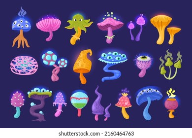 Cartoon psychedelic mushrooms, magical, alien plants. Fantastic fairytale forest hallucinogenic mushrooms vector symbols illustrations set. Magical alien mushroom plants