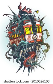 Cartoon psychedelic old retro red tramway with monster canines, eye, tentacles and big mushrooms on the roof. Isolated vector tattoo on white background.